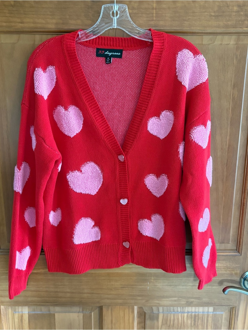 Red Cardigan Sweater with Pink Hearts, Women's Size M, Crew Neckline, Lightwght